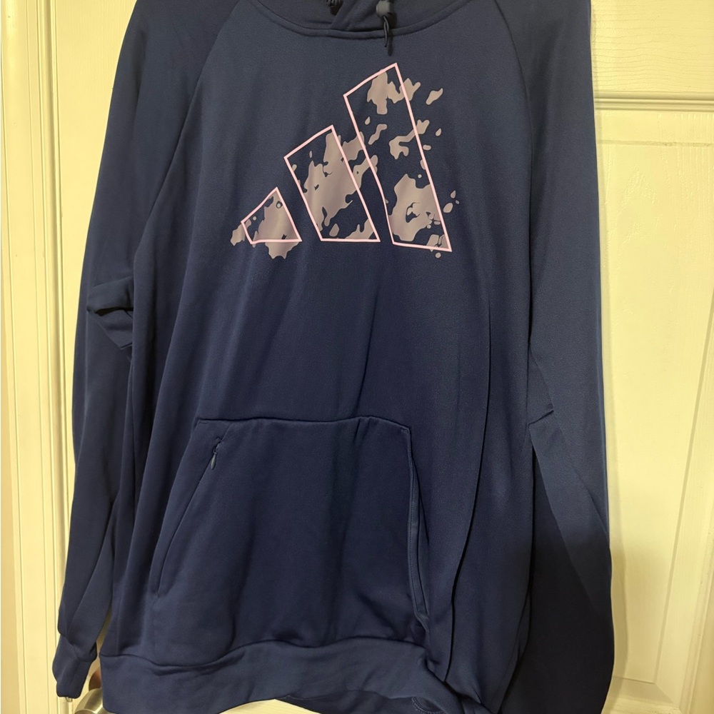 Adidas Men's Navy Blue Hoodie with Pink Logo